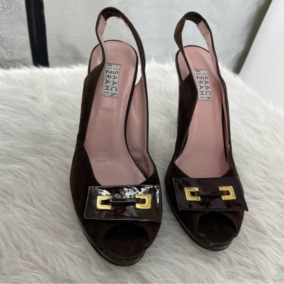 Isaac‎ Mizrahi Brown suede Slingbacks Made In Italy Pumps peep toe Sz 8 - Picture 3 of 8